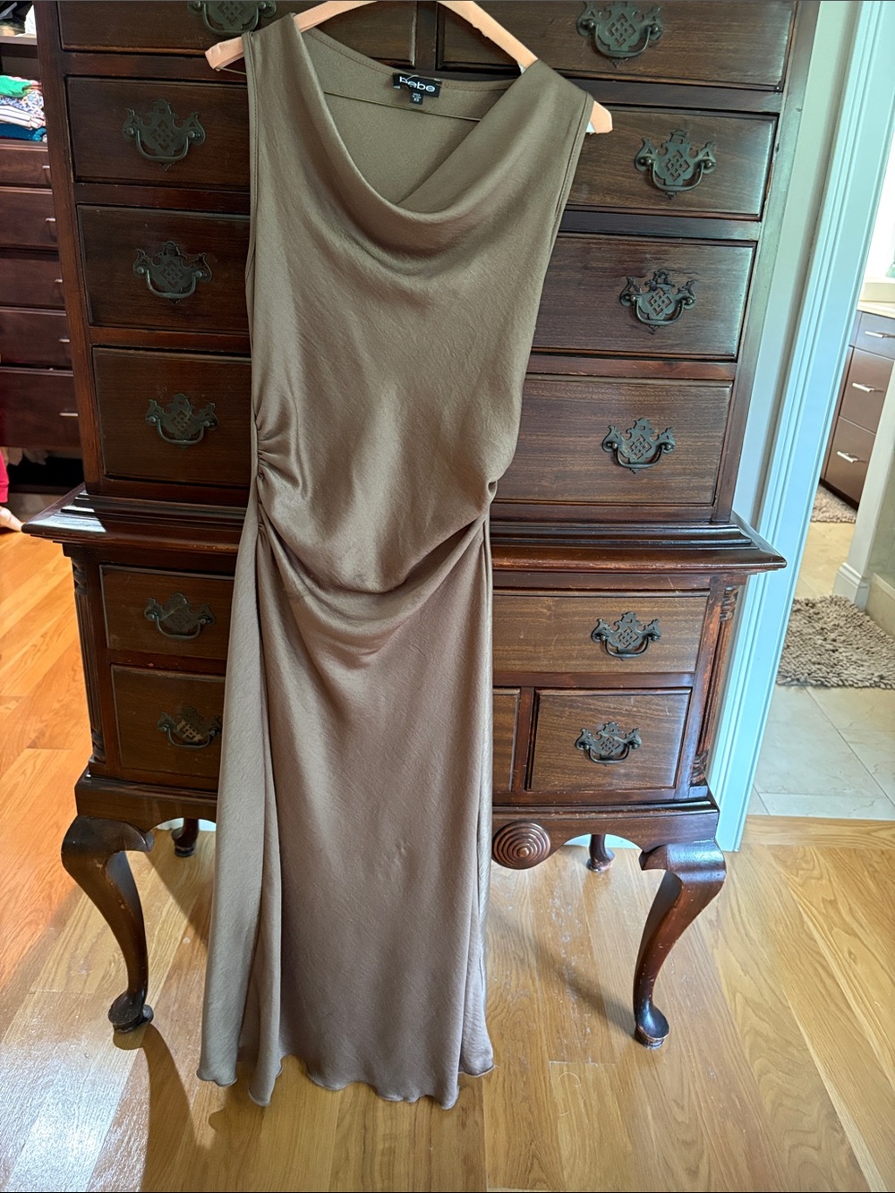 bebe Brown Cowl-Neck Maxi Dress with Draped Waist